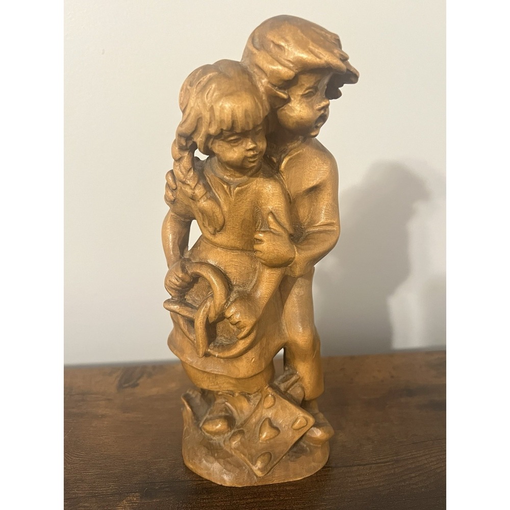 Vintage Hand Carved Wood Hansel & Gretel Figurine Boy Girl w/ Pretzel 8.5"
